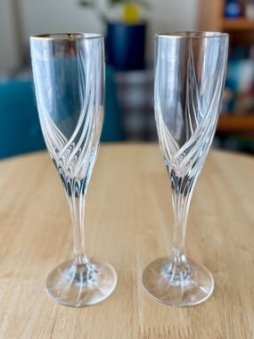 Vintage Crystal Champagne Flutes with Gold Trim